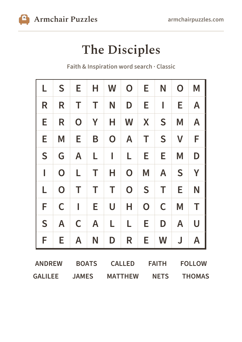The printable The Disciples word search sheet