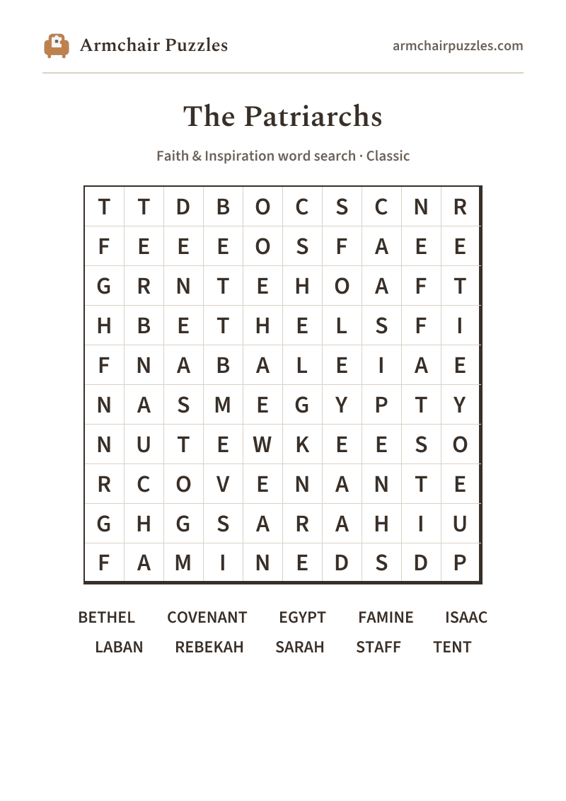 The printable The Patriarchs word search sheet: large-print Classic grid with its word list