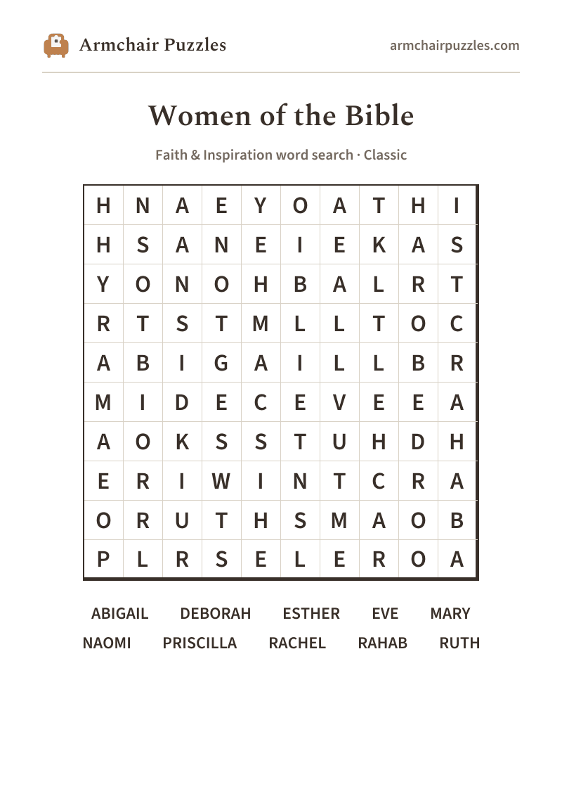 The printable Women of the Bible word search sheet
