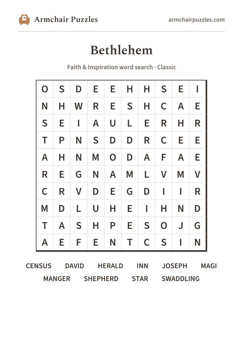 The printable Bethlehem word search sheet