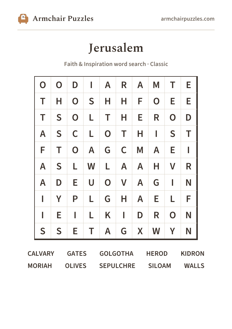 The printable Jerusalem word search sheet