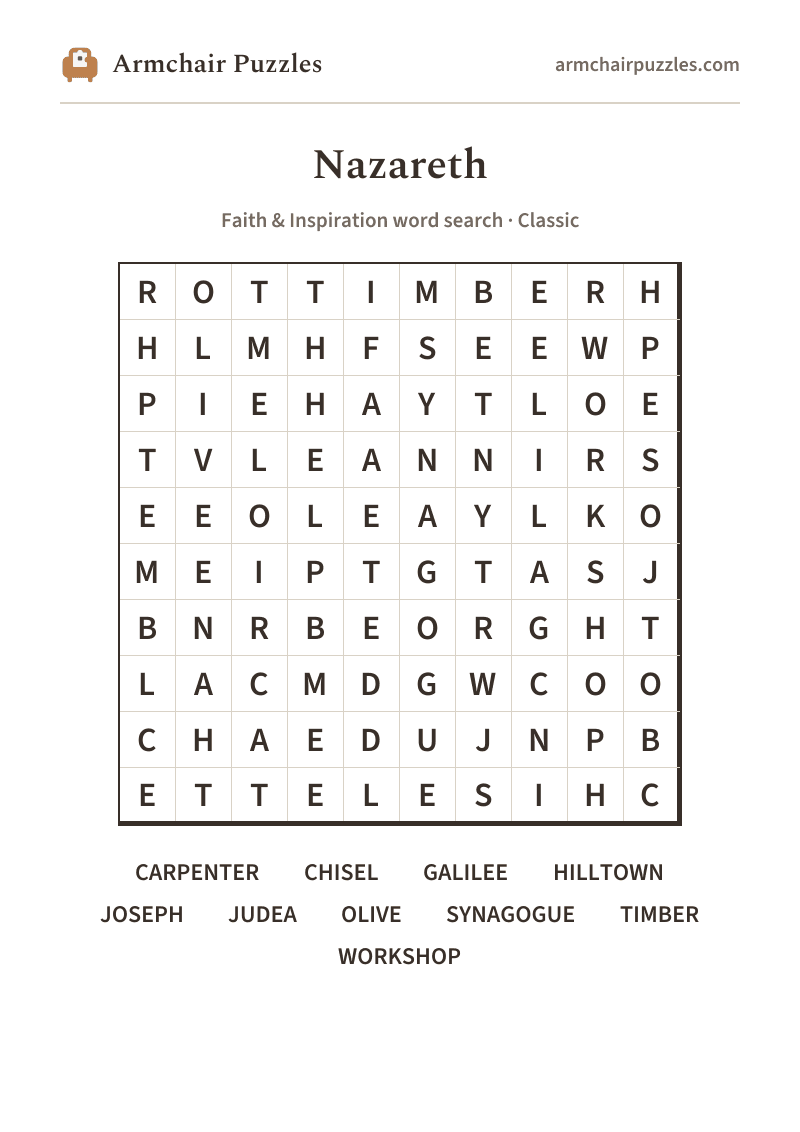 The printable Nazareth word search sheet