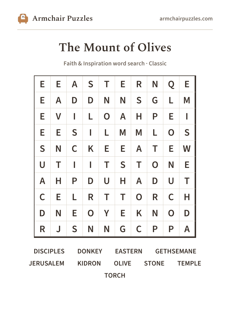 The printable The Mount of Olives word search sheet