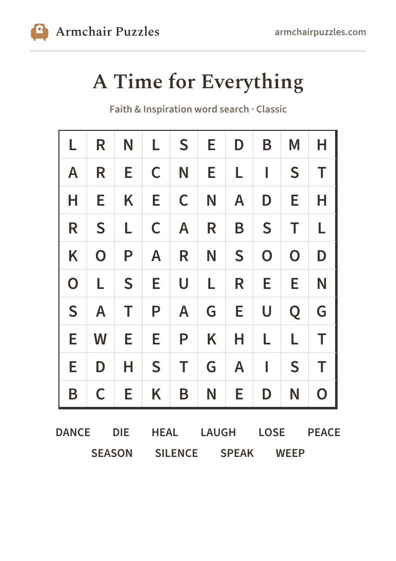 The printable A Time for Everything word search sheet in large print