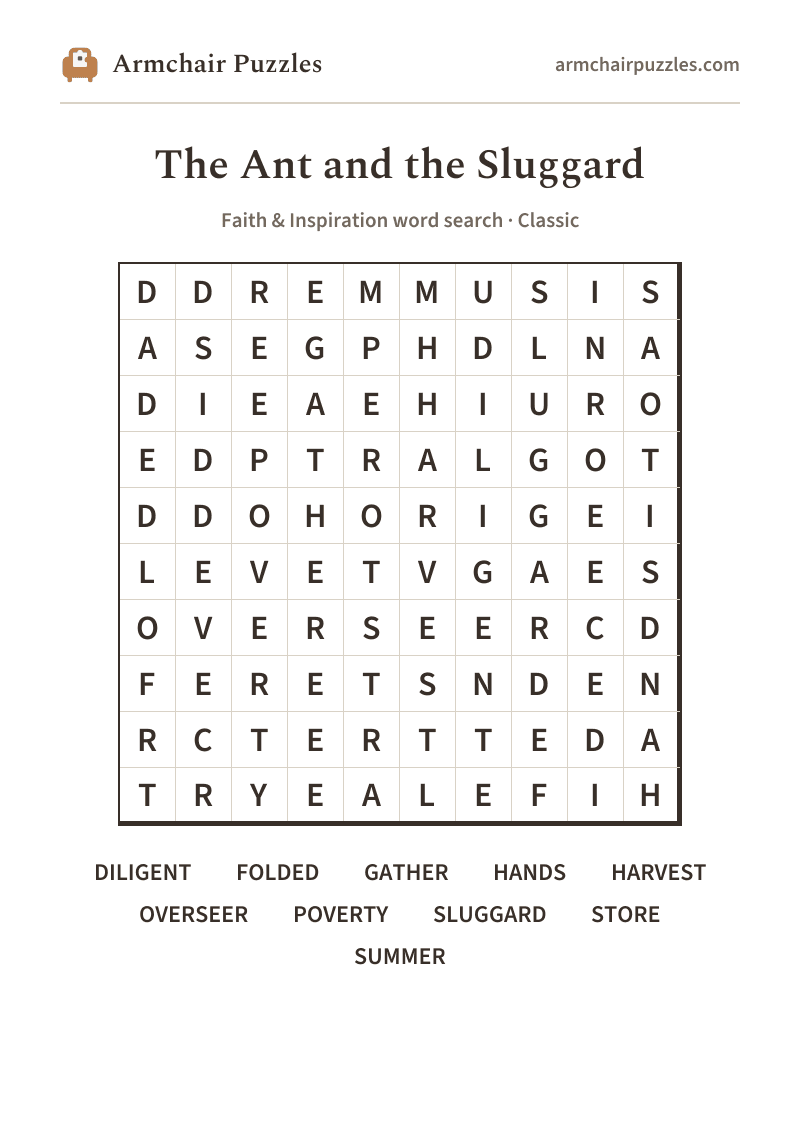 The printable The Ant and the Sluggard word search sheet in large print