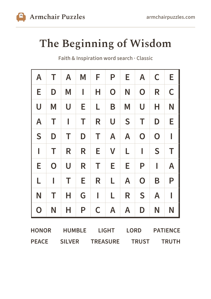 The printable The Beginning of Wisdom word search sheet in large print