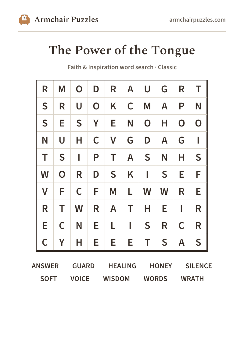 The printable The Power of the Tongue word search sheet: large-print Classic grid with its word list