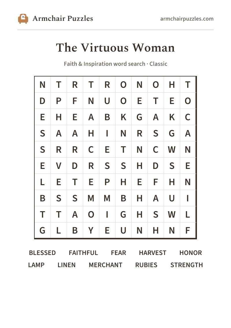 The printable The Virtuous Woman word search sheet: large-print Classic grid with its word list