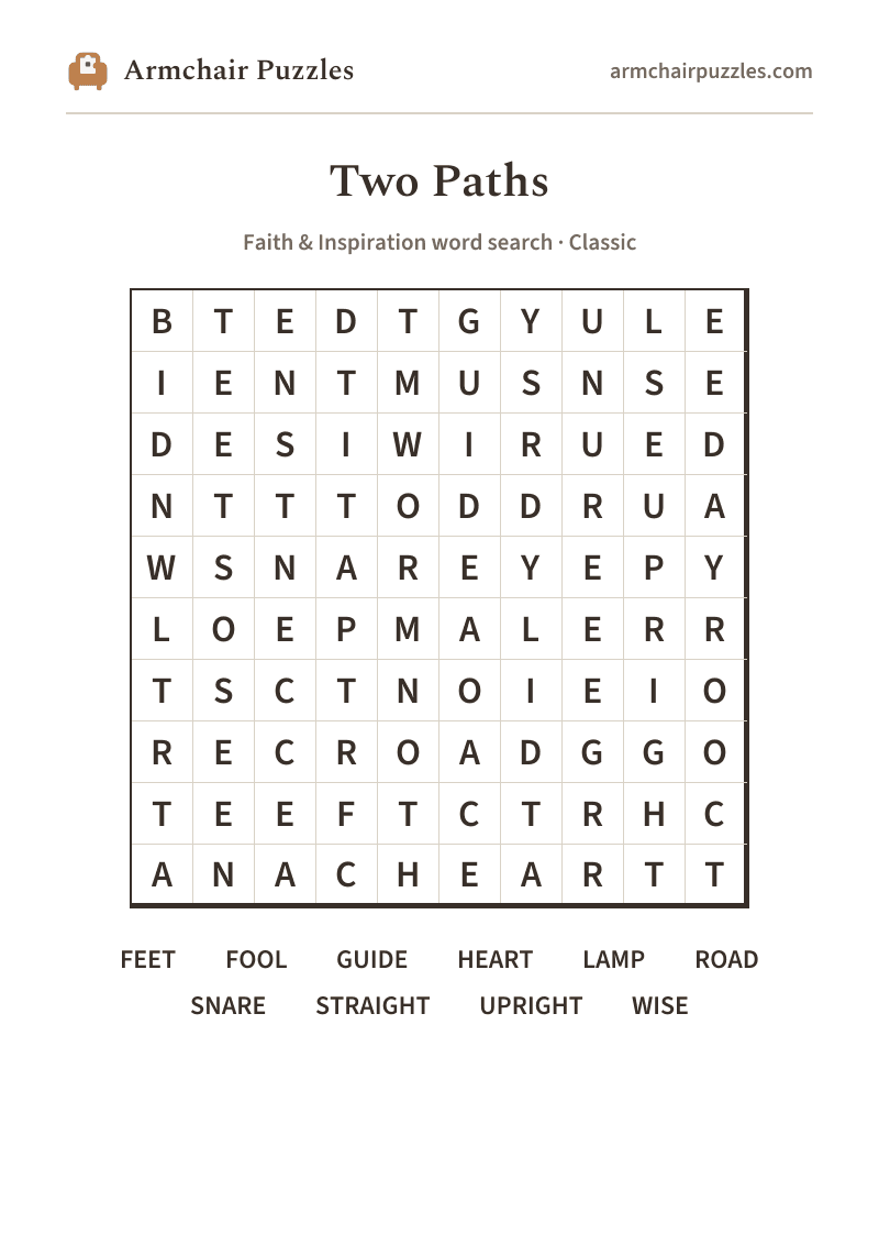 The printable Two Paths word search sheet in large print