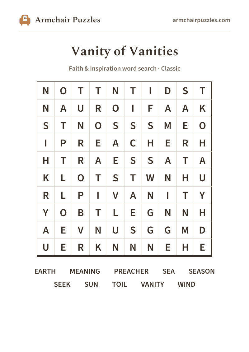 The printable Vanity of Vanities word search sheet: large-print Classic grid with its word list