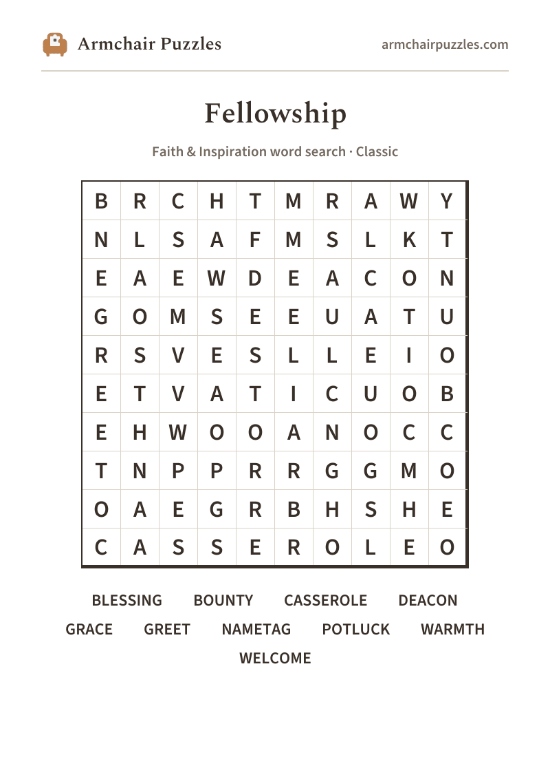 The printable Fellowship word search sheet
