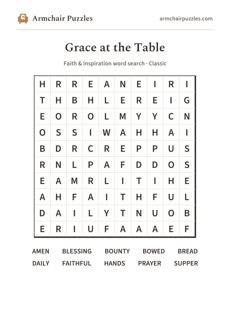 The printable Grace at the Table word search sheet