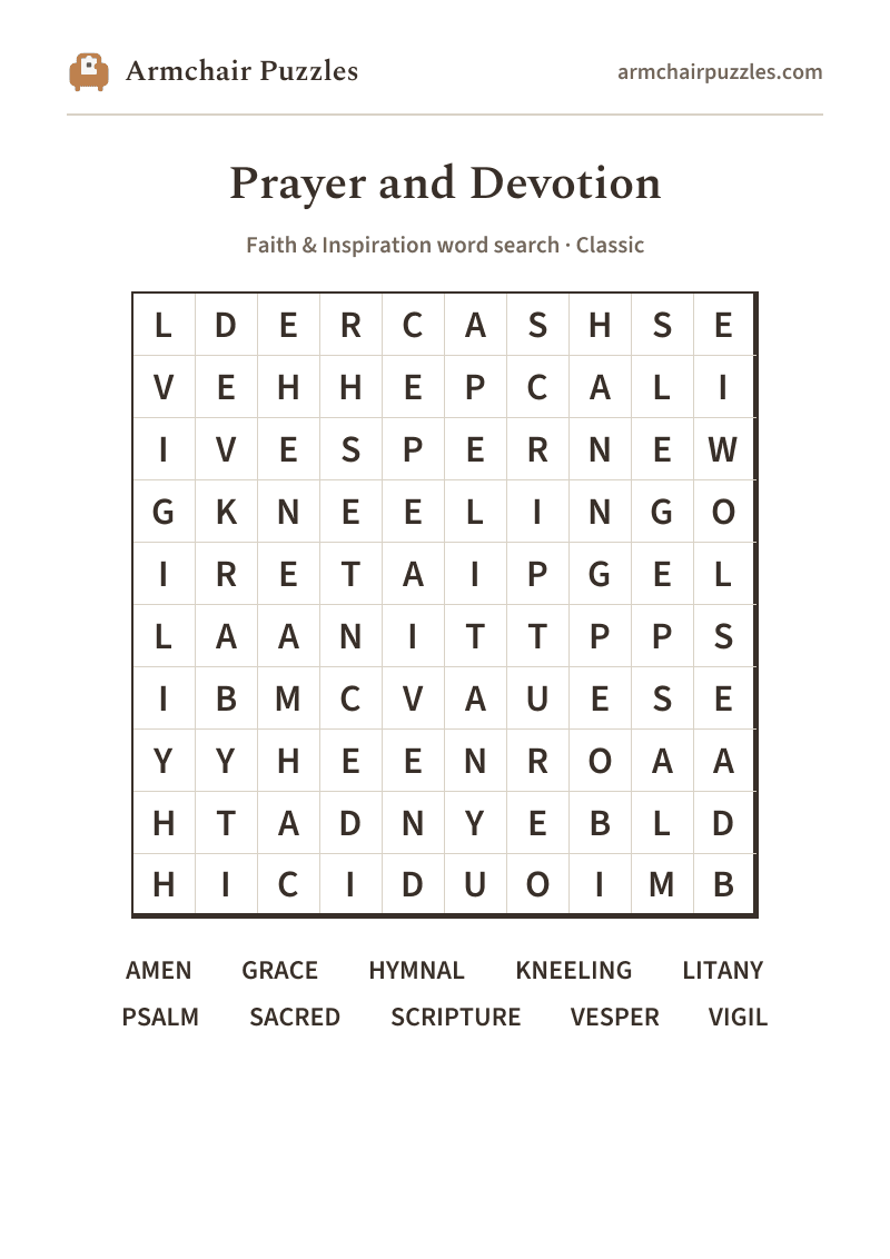 The printable Prayer and Devotion word search sheet