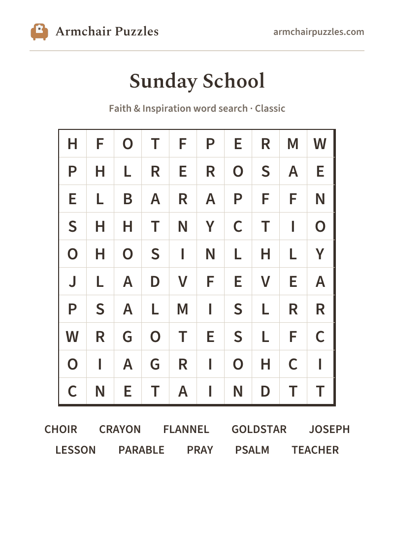 The printable Sunday School word search sheet