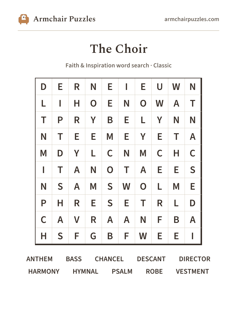 The printable The Choir word search sheet
