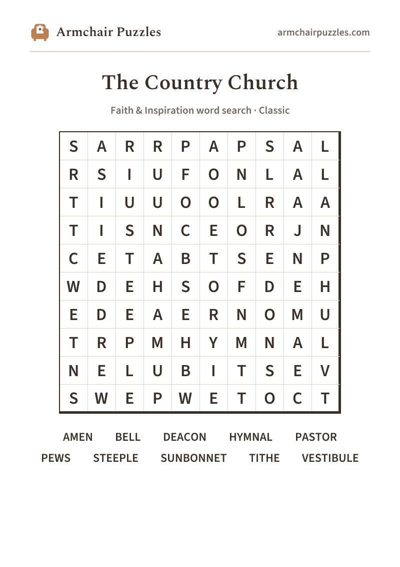 The printable The Country Church word search sheet