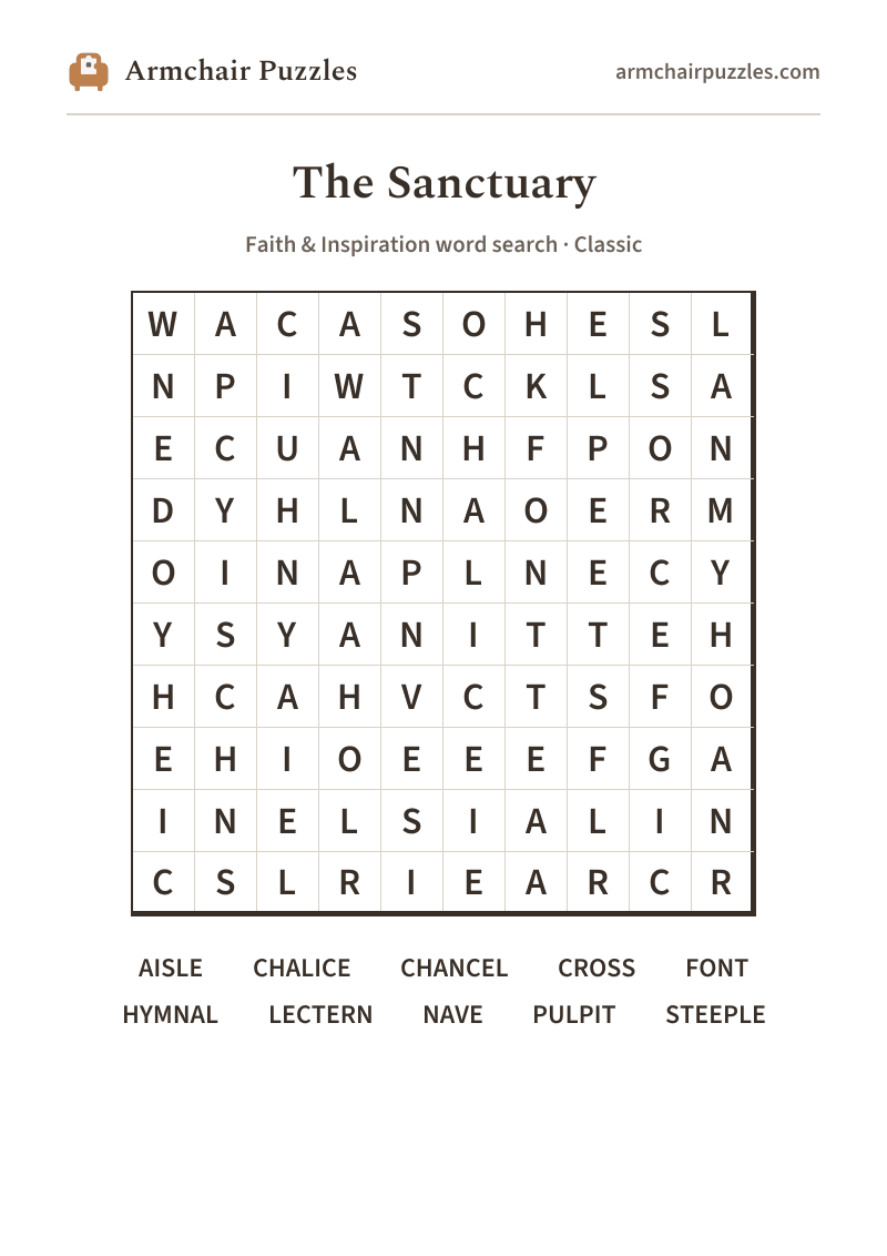 The printable The Sanctuary word search sheet in large print