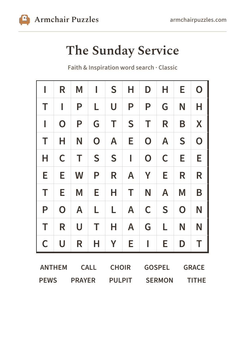 The printable The Sunday Service word search sheet