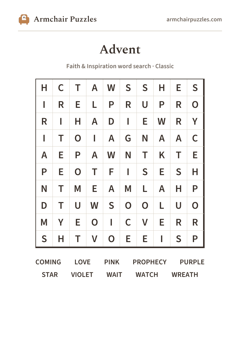 The printable Advent word search sheet