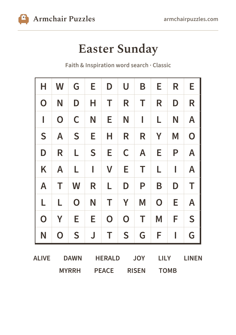 The printable Easter Sunday word search sheet: large-print Classic grid with its word list