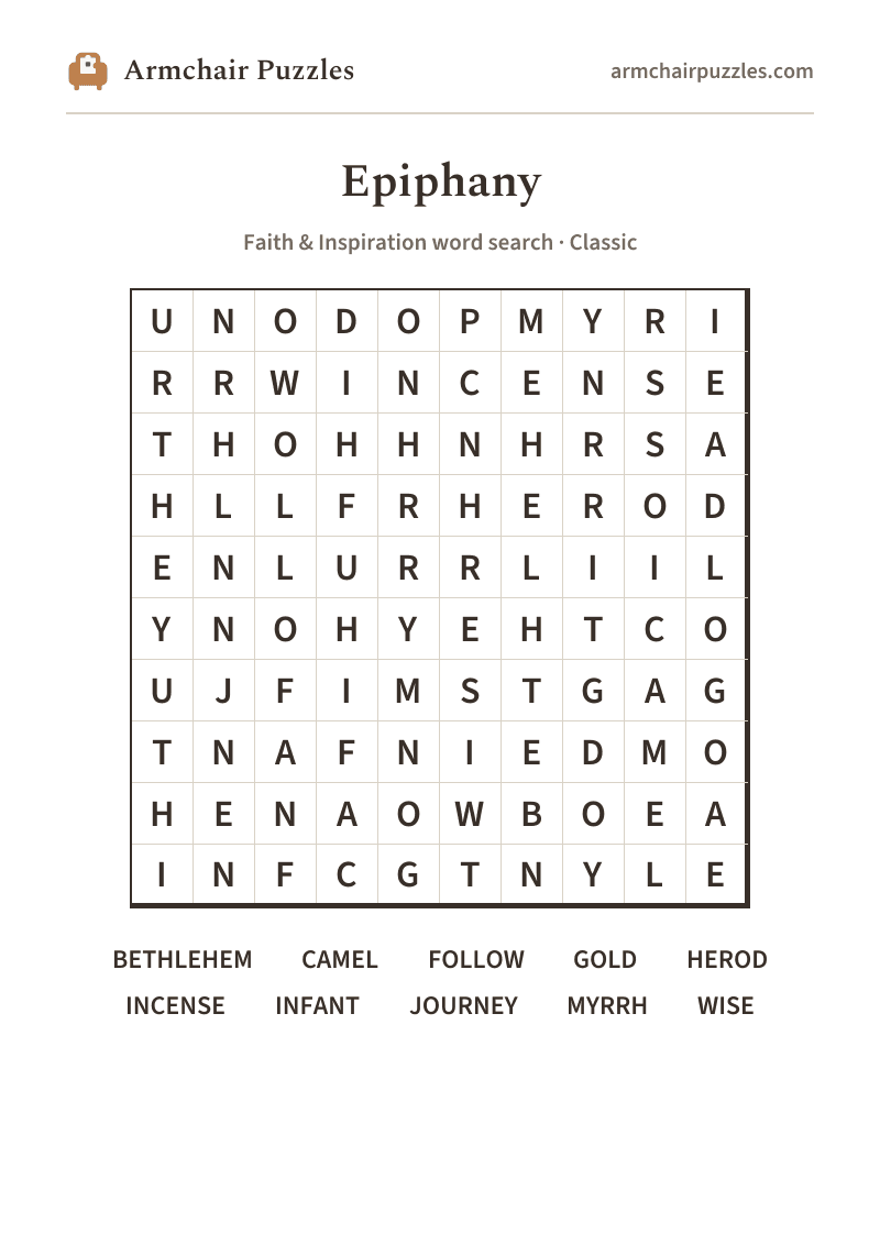 The printable Epiphany word search sheet