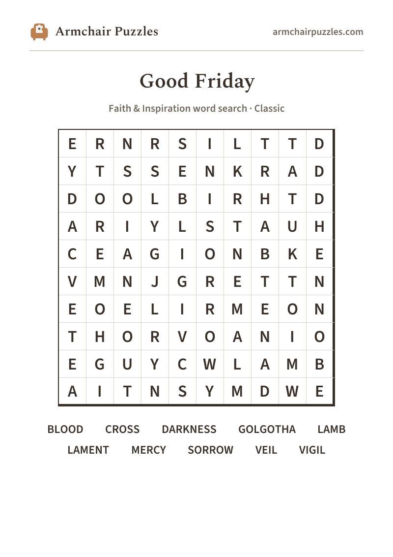 The printable Good Friday word search sheet