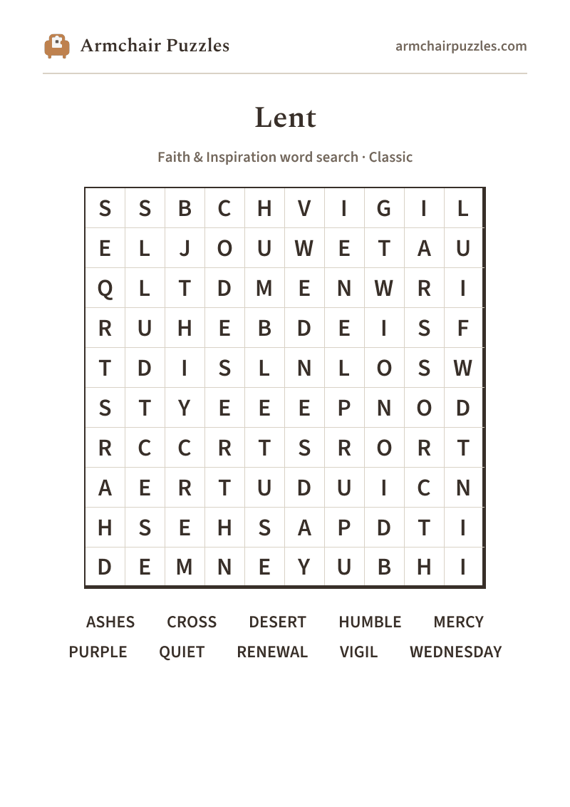 The printable Lent word search sheet in large print