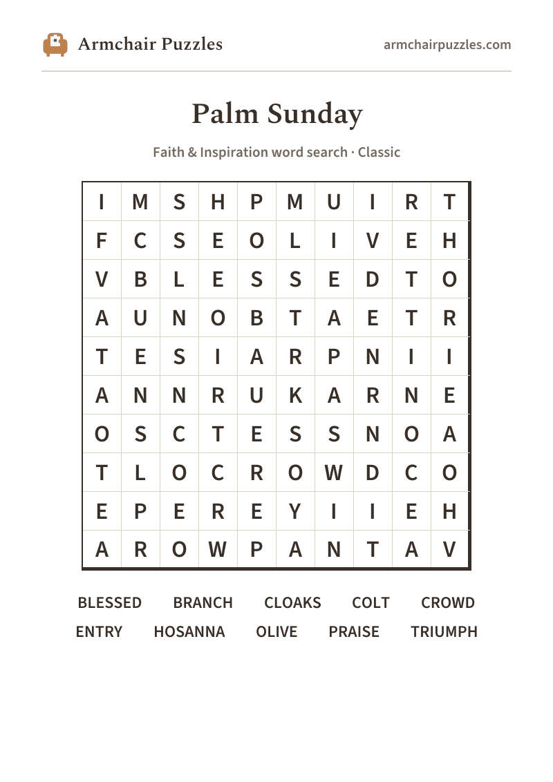 The printable Palm Sunday word search sheet