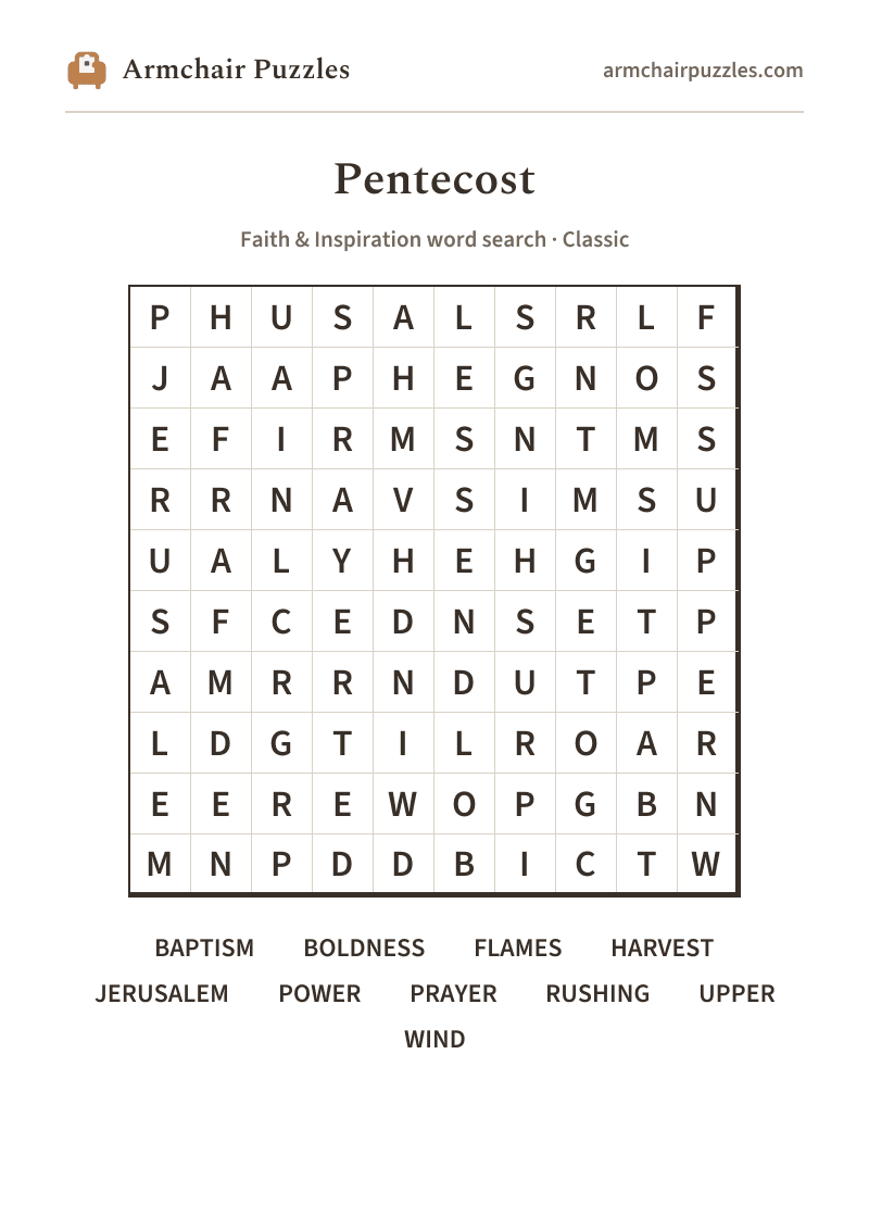 The printable Pentecost word search sheet