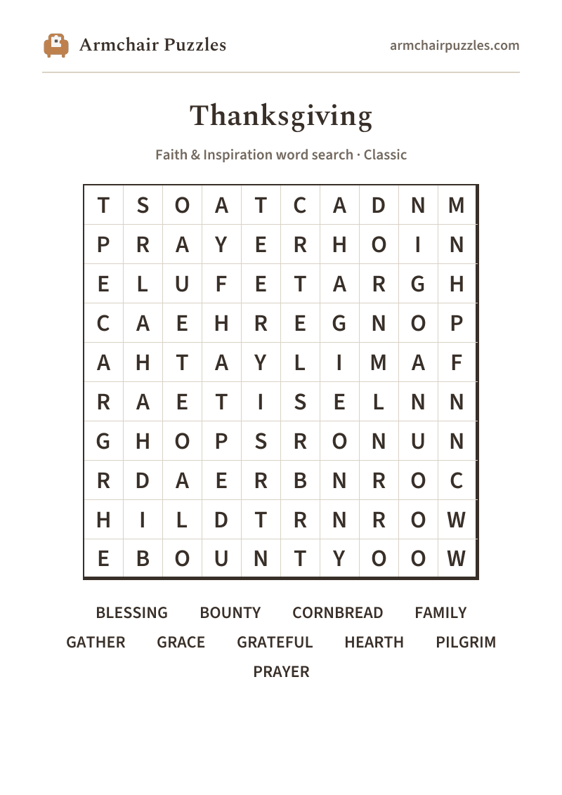 The printable Thanksgiving word search sheet