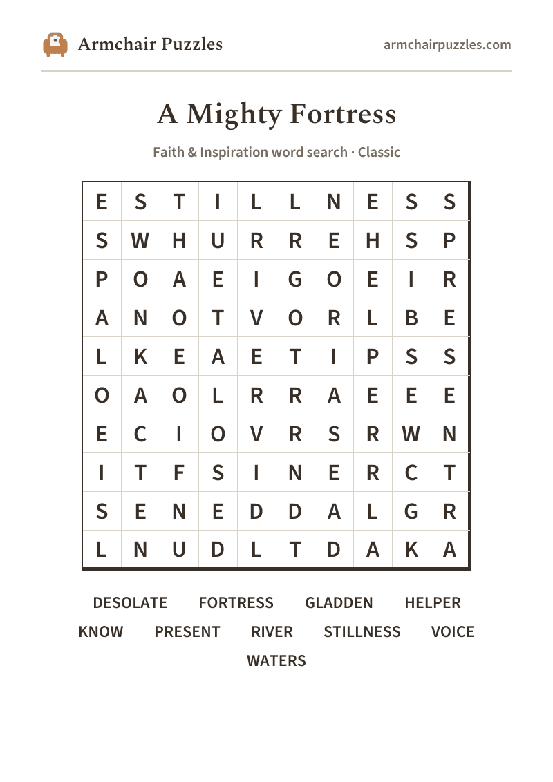 The printable A Mighty Fortress word search sheet