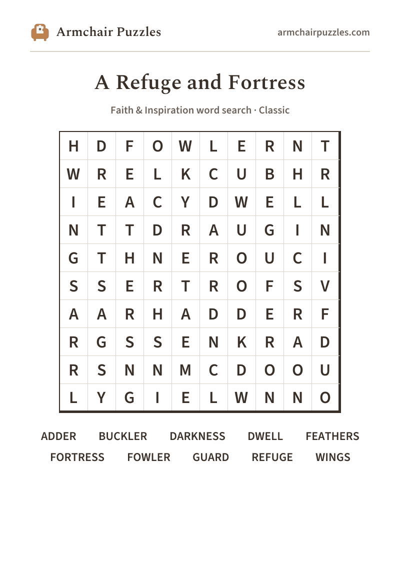 The printable A Refuge and Fortress word search sheet