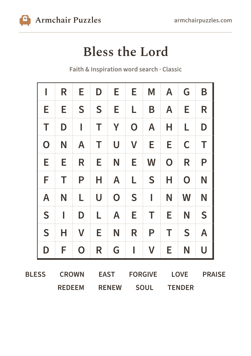 The printable Bless the Lord word search sheet