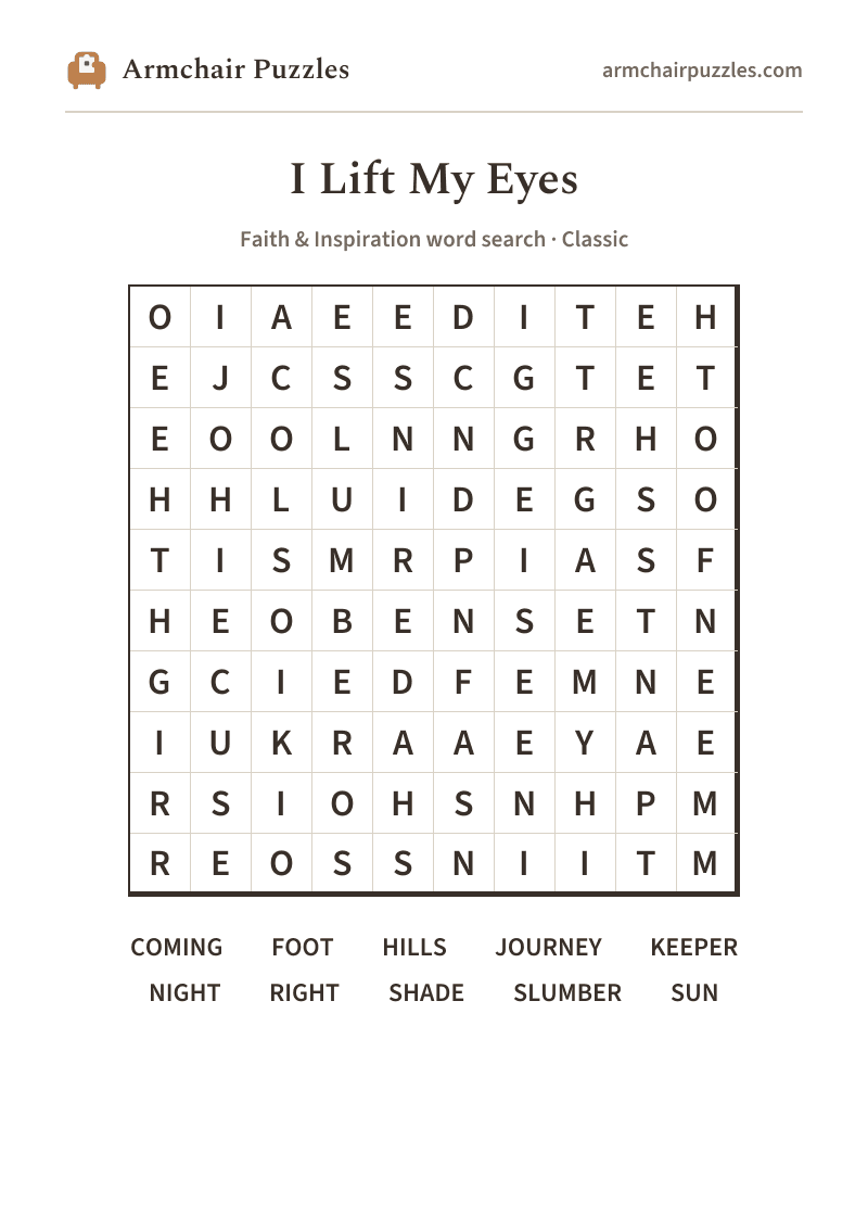 The printable I Lift My Eyes word search sheet