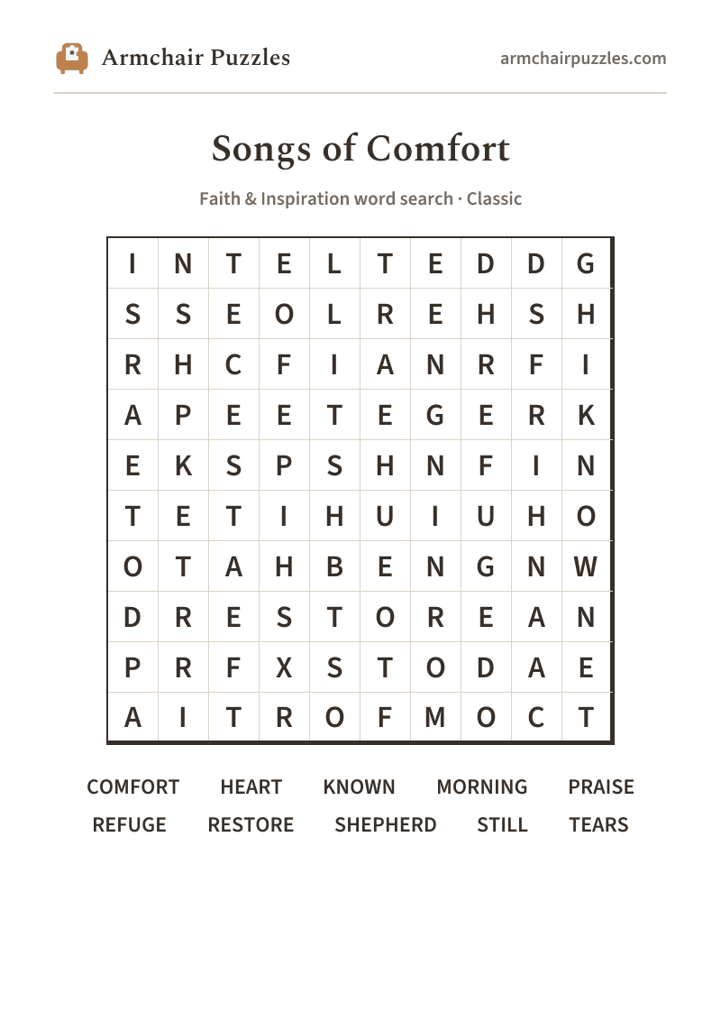 The printable Songs of Comfort word search sheet in large print
