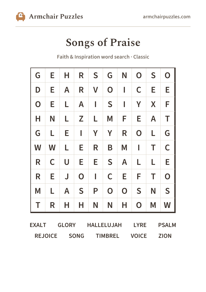 The printable Songs of Praise word search sheet in large print