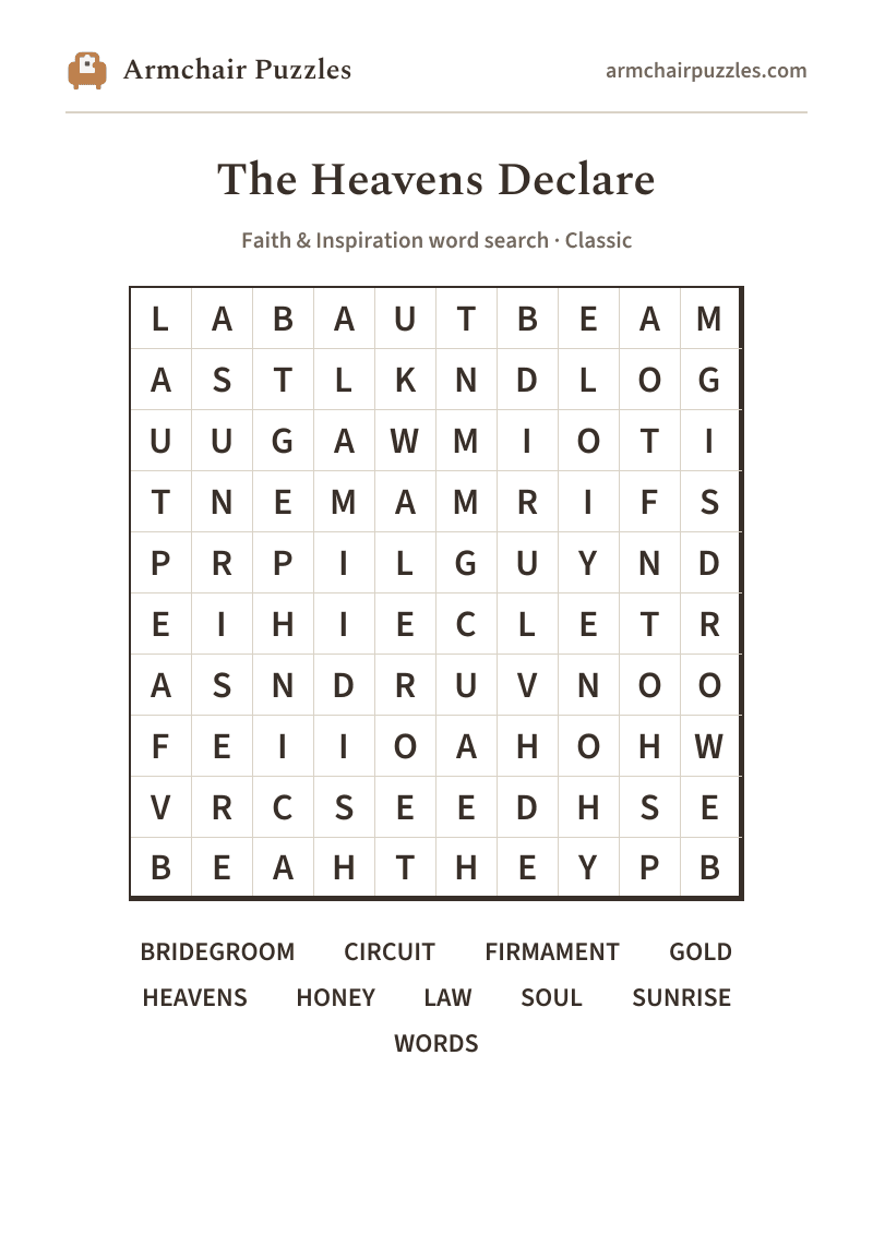 The printable The Heavens Declare word search sheet: large-print Classic grid with its word list