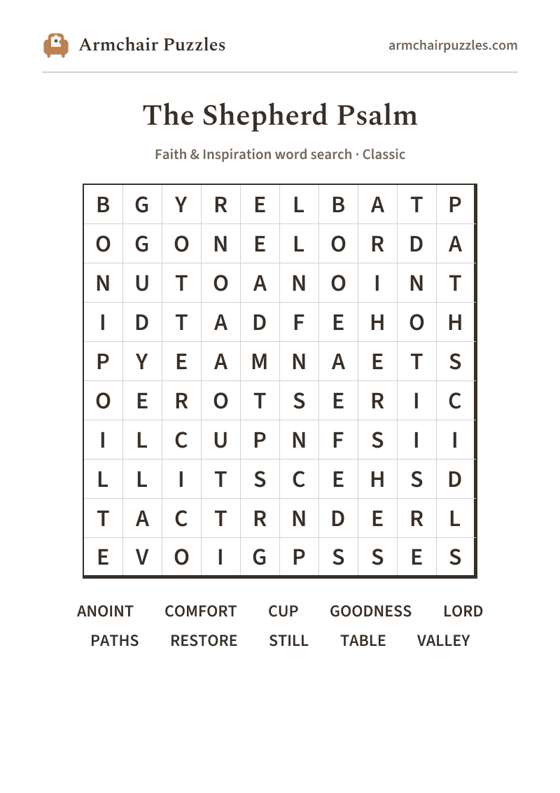 The printable The Shepherd Psalm word search sheet in large print