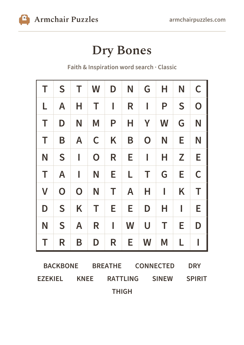 The printable Dry Bones word search sheet: large-print Classic grid with its word list