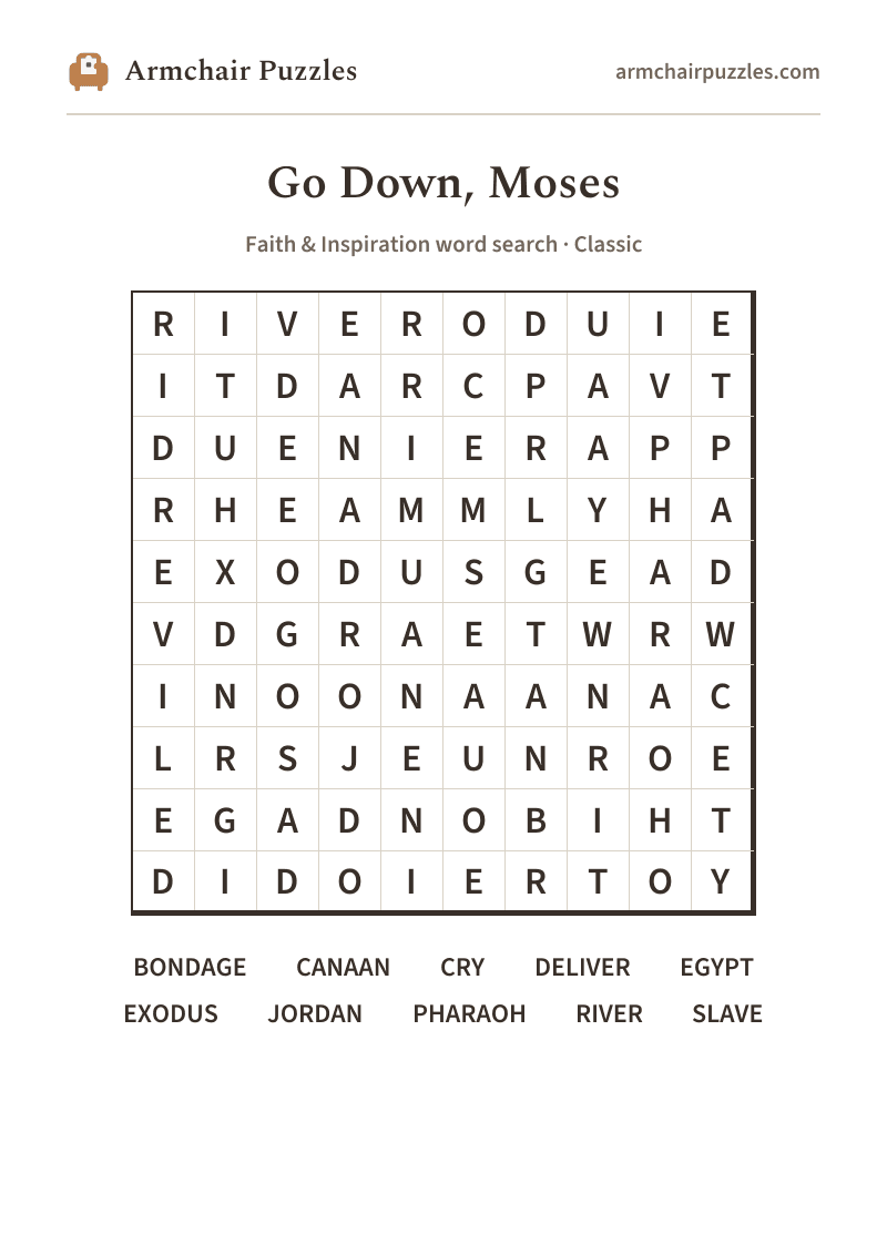 The printable Go Down, Moses word search sheet in large print