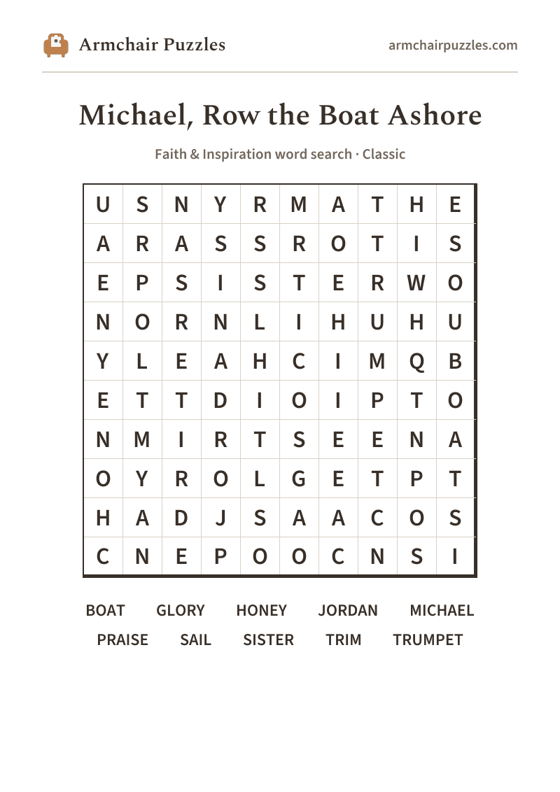 The printable Michael, Row the Boat Ashore word search sheet