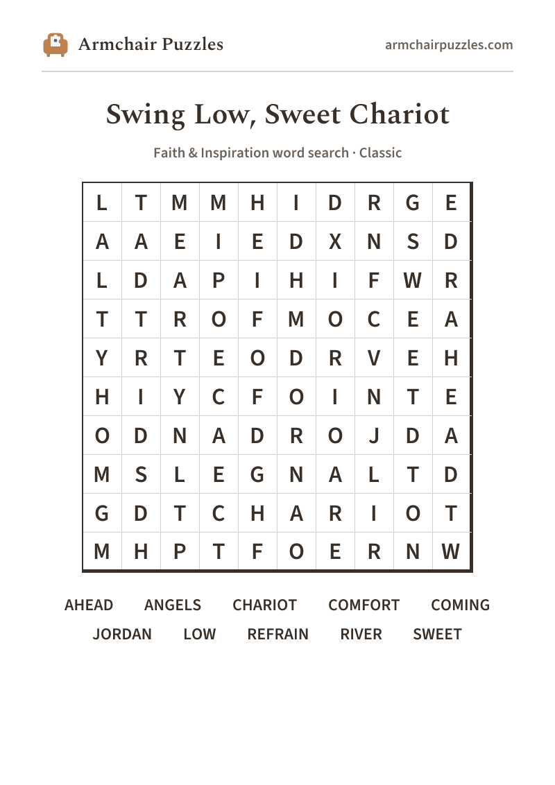 The printable Swing Low, Sweet Chariot word search sheet: large-print Classic grid with its word list