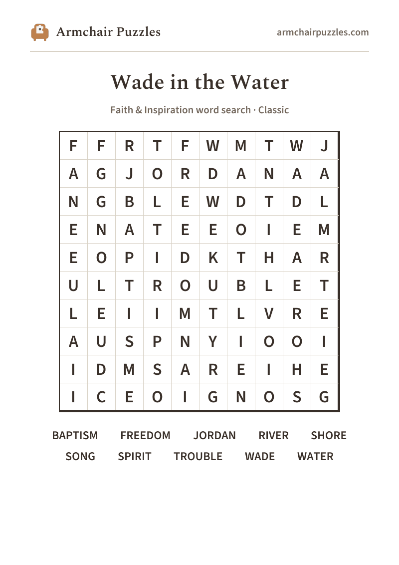 The printable Wade in the Water word search sheet