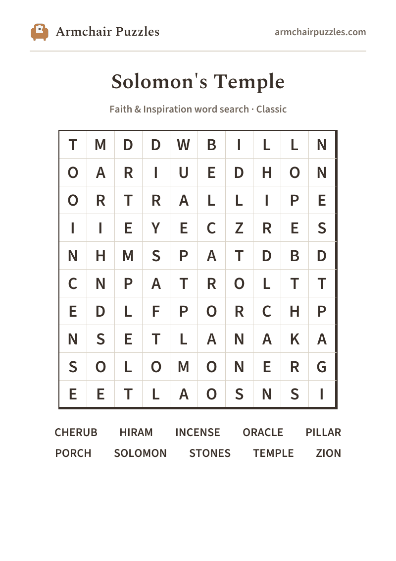 The printable Solomon's Temple word search sheet: large-print Classic grid with its word list