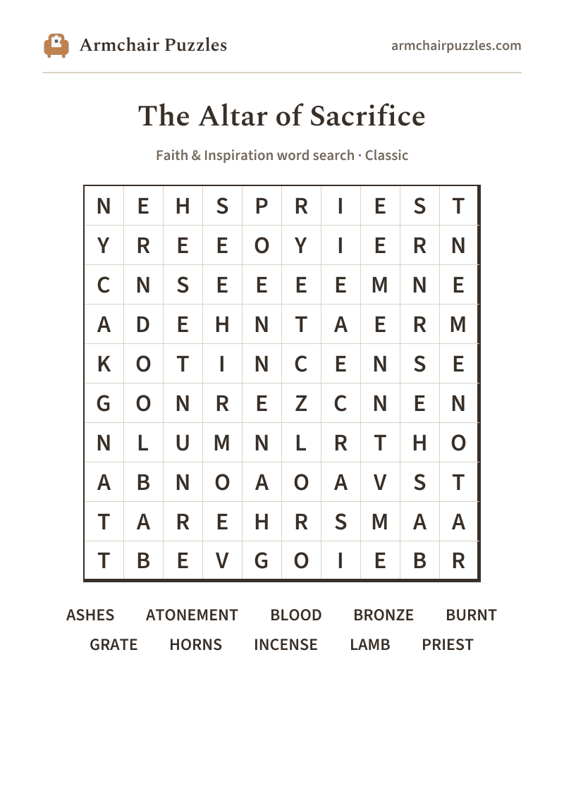 The printable The Altar of Sacrifice word search sheet