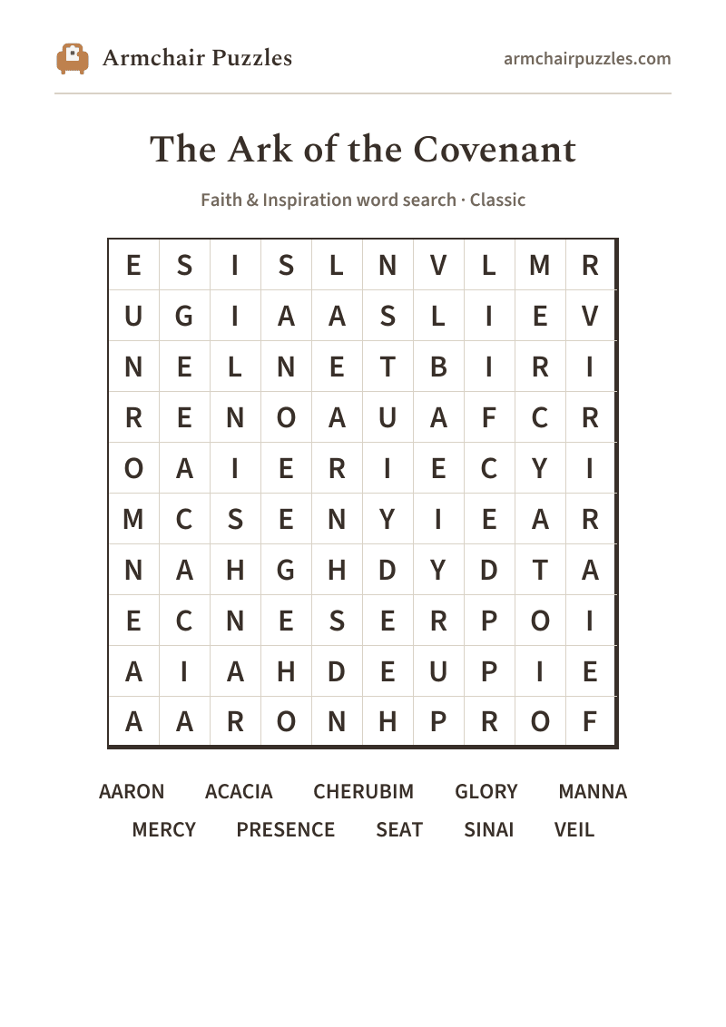 The printable The Ark of the Covenant word search sheet