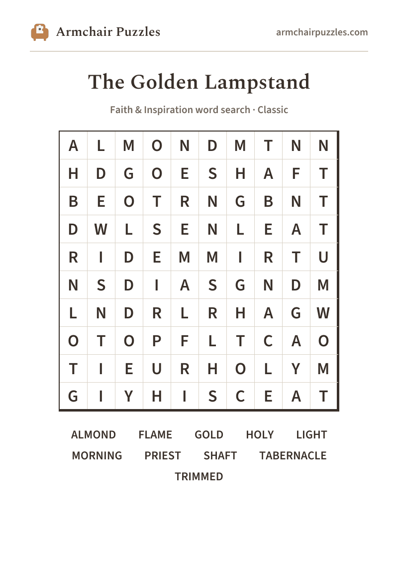 The printable The Golden Lampstand word search sheet
