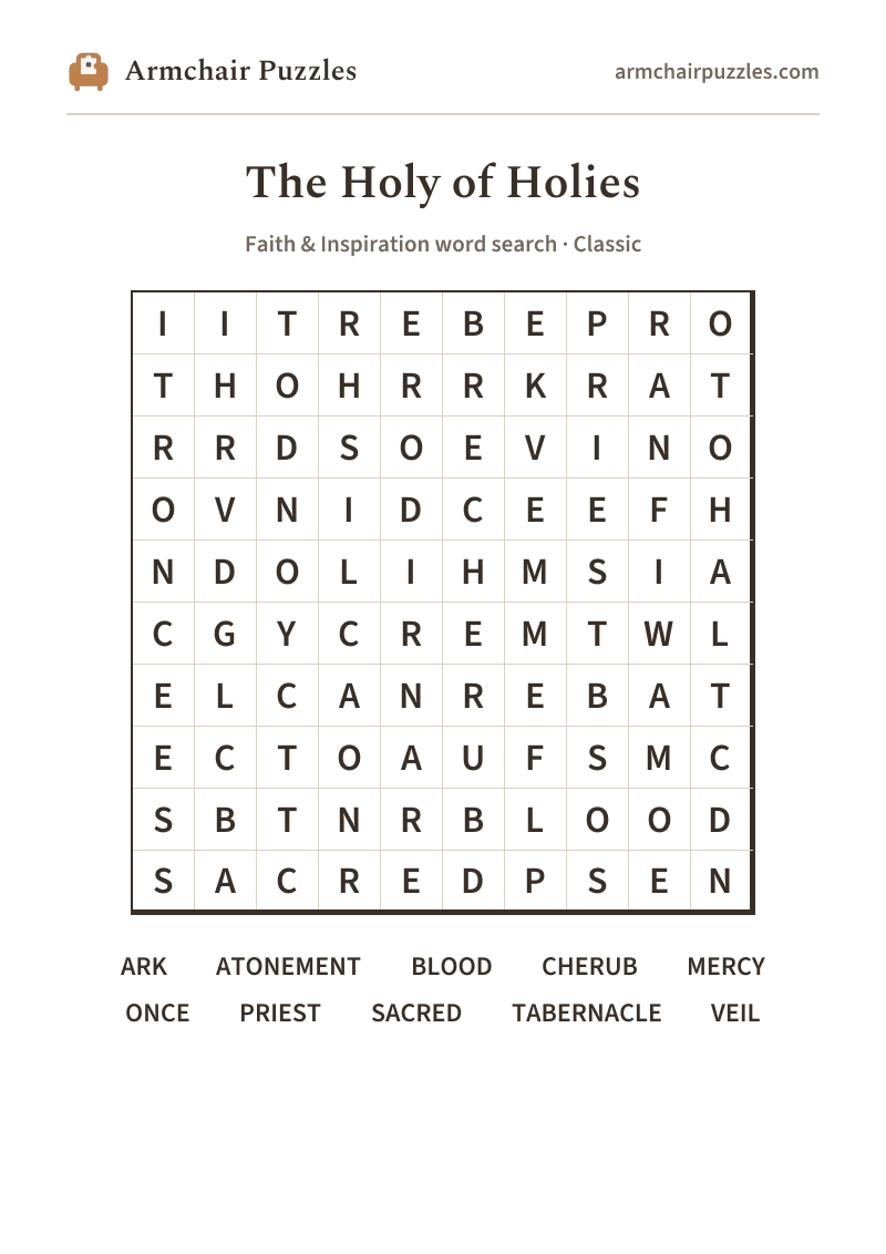 The printable The Holy of Holies word search sheet