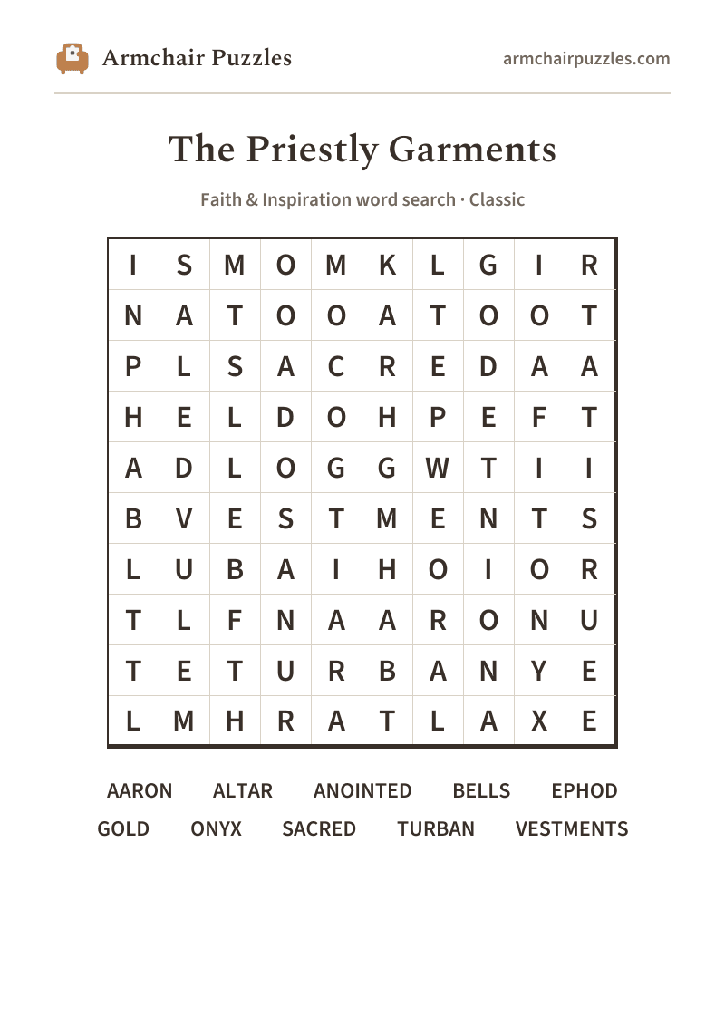 The printable The Priestly Garments word search sheet