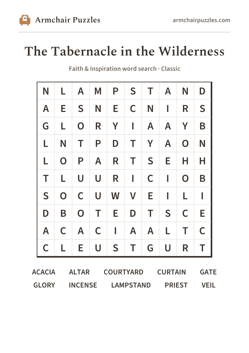 The printable The Tabernacle in the Wilderness word search sheet